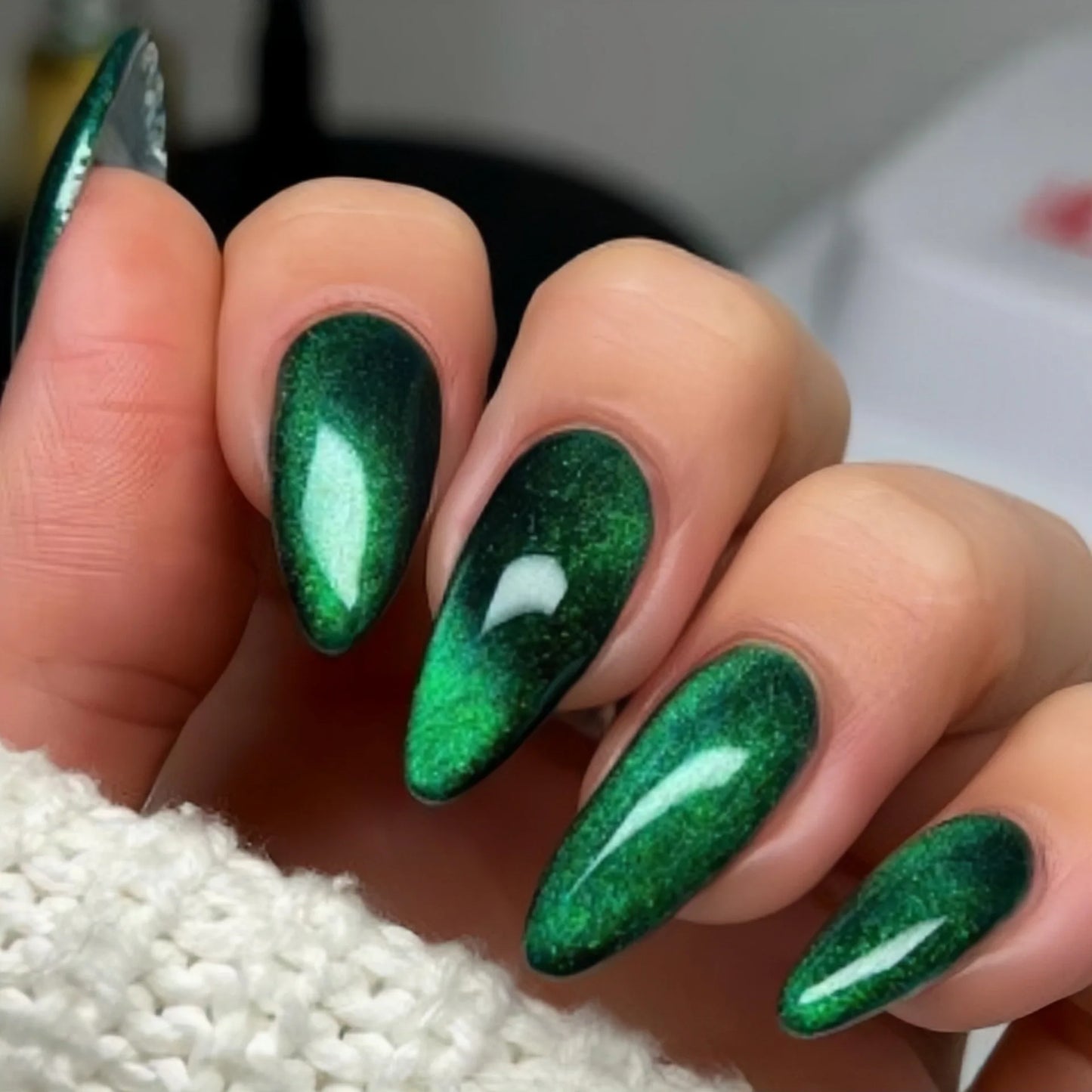 Green Cat Eye Almond Nails