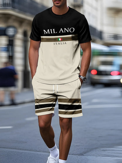 Striped Print Short-Sleeve Sports Set