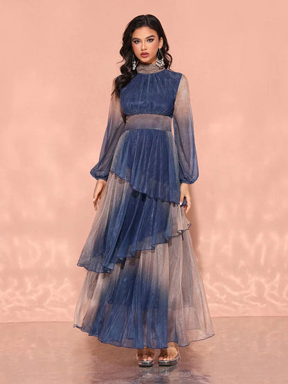 Gradient Lantern Sleeve Evening Dress