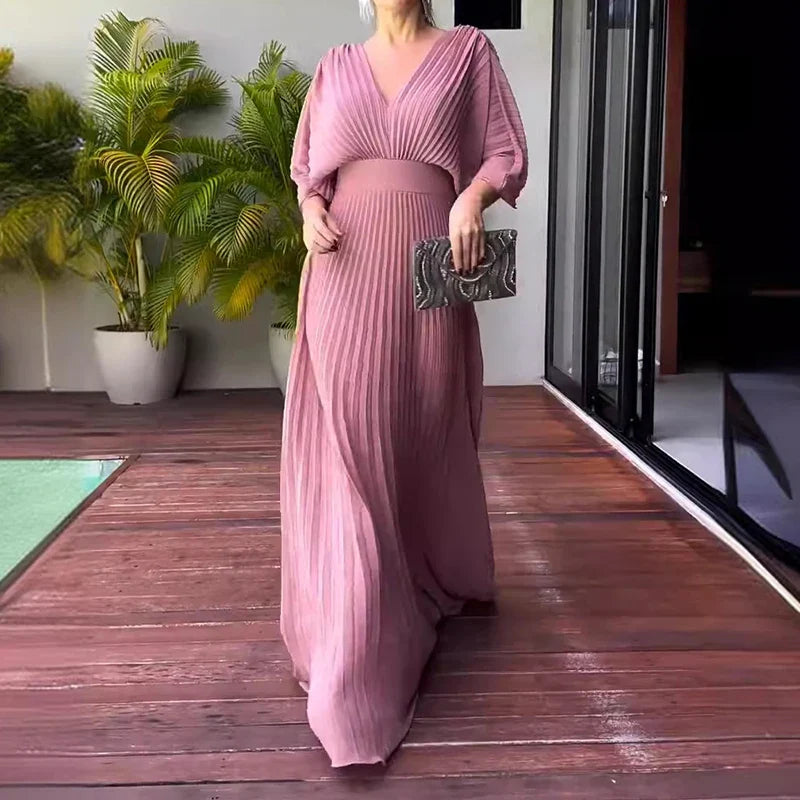 Elegant V-Neck Pleated Maxi Dress