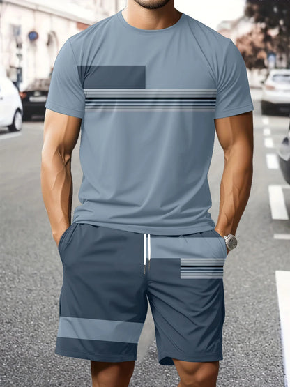 Striped Print Short-Sleeve Sports Set