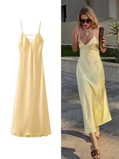 TRAFZA Summer Yellow Satin Maxi Dress