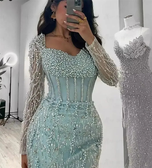 Long Sleeve Corset Heavy Beaded Dress