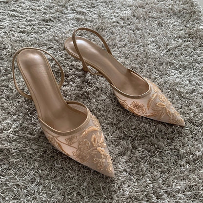 Embroidered Mesh Slingback Pumps