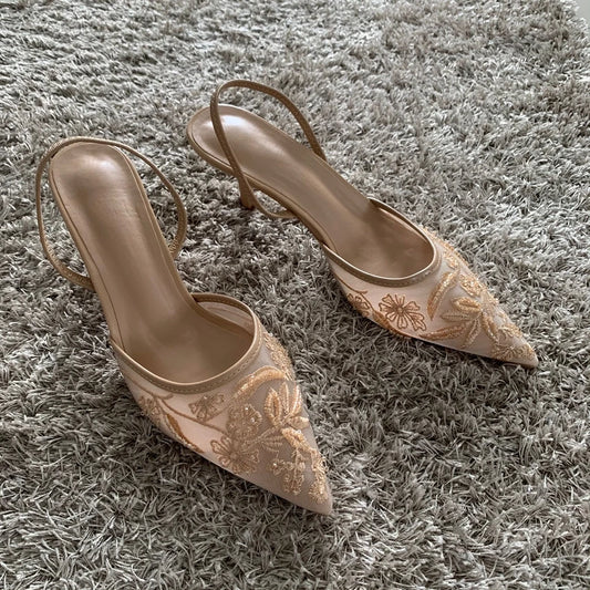 Embroidered Mesh Slingback Pumps