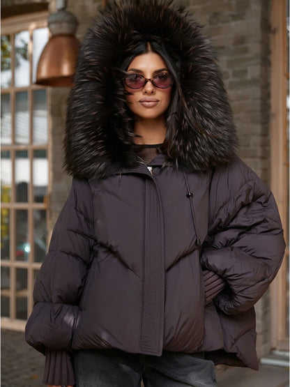 Hooded Puffer Coat with Fur Collar