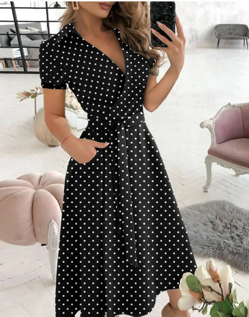 Printed V-Neck Sash Dress
