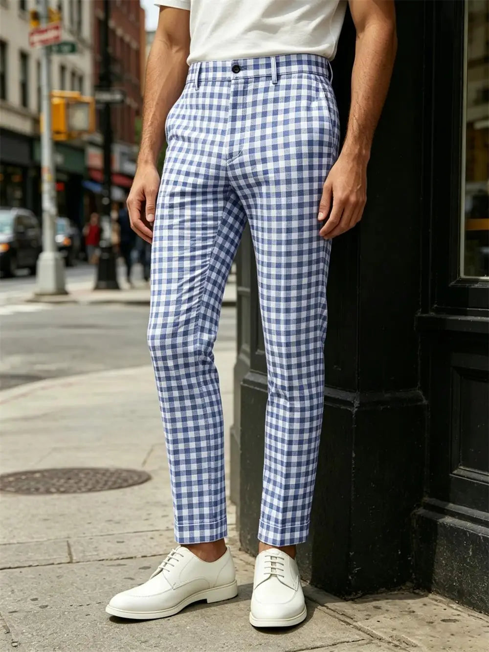 Blue White Checkered Slim Trousers