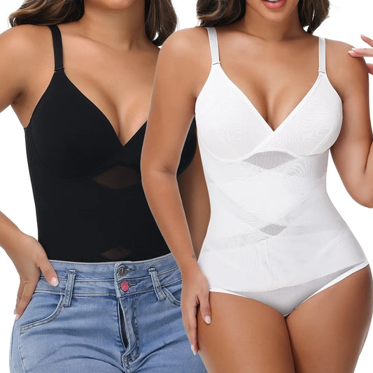 Cross-Waist Mesh Shapewear Bodysuit