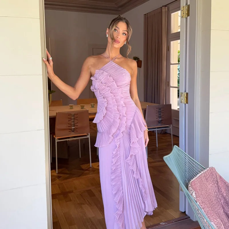 Purple Ruffle Backless Evening Dress