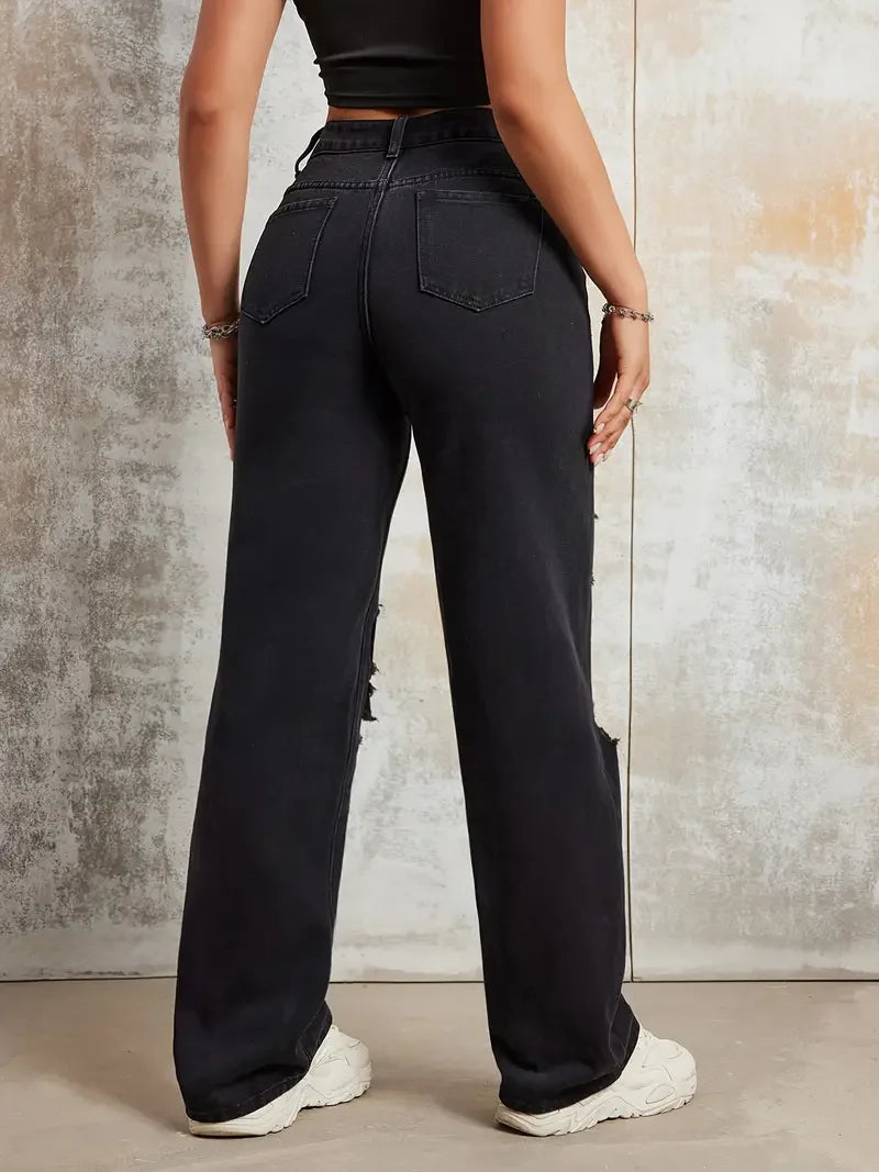 Print Ripped Straight Jeans