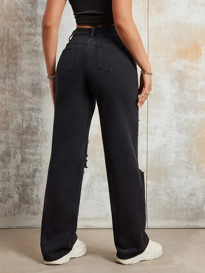 Print Ripped Straight Jeans