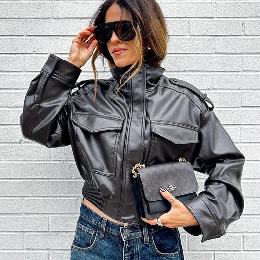 Cropped PU Leather Jacket