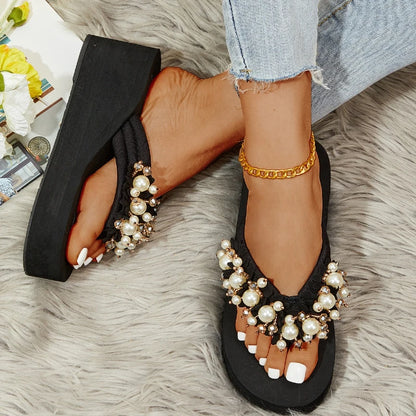 Bead String Wedge Flip Flops
