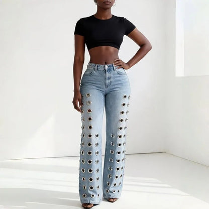 Cutout Metal Ring Bootcut Jeans
