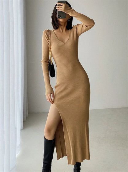 V-Neck Slit Sweater Dress