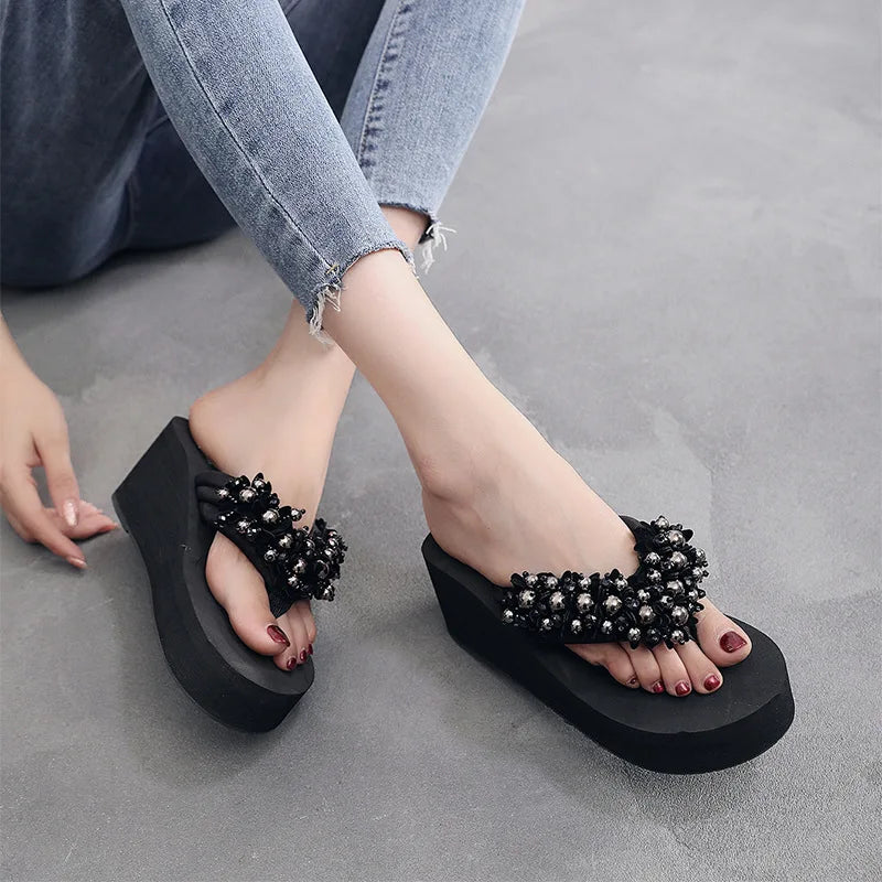 Bead String Wedge Flip Flops