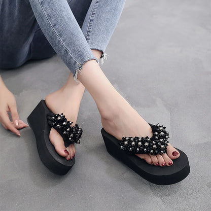 Bead String Wedge Flip Flops