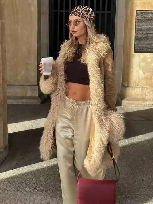 Spliced Faux Fur Overcoat