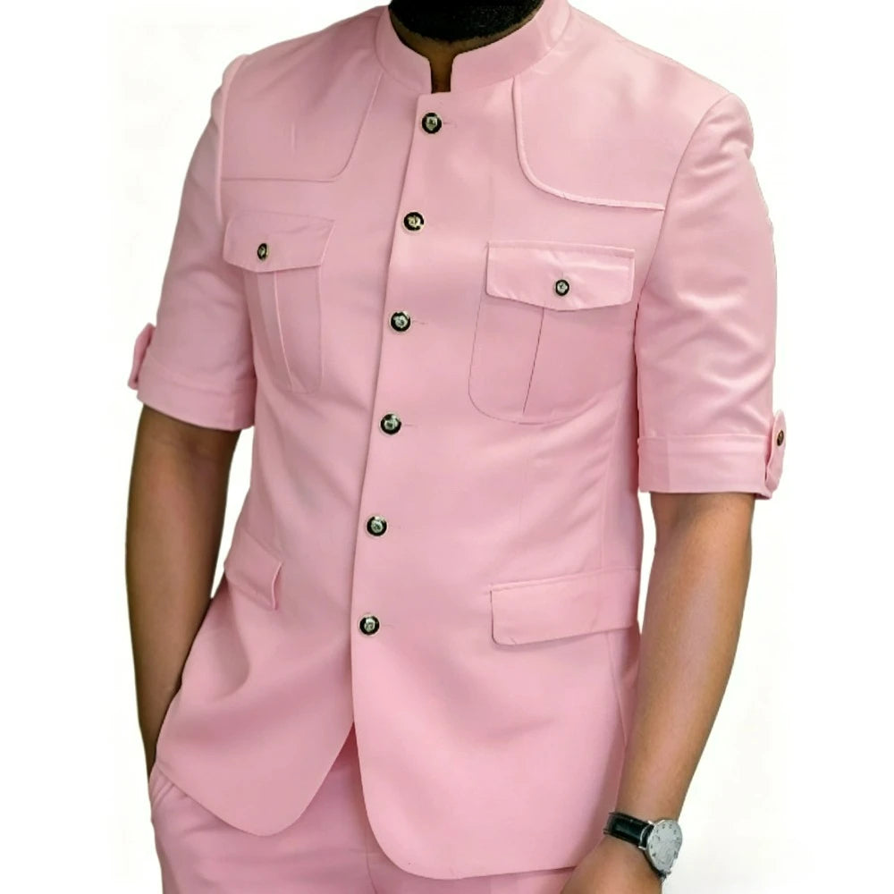 Safari Mandarin-Collar Blazer Pants Set