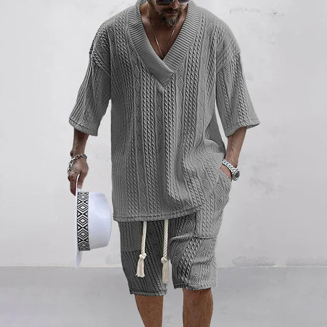 Knitted V-Neck T-Shirt Shorts Set