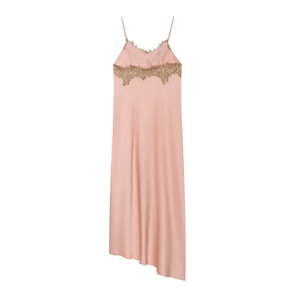 Satin Lace Asymmetric Midi Dress