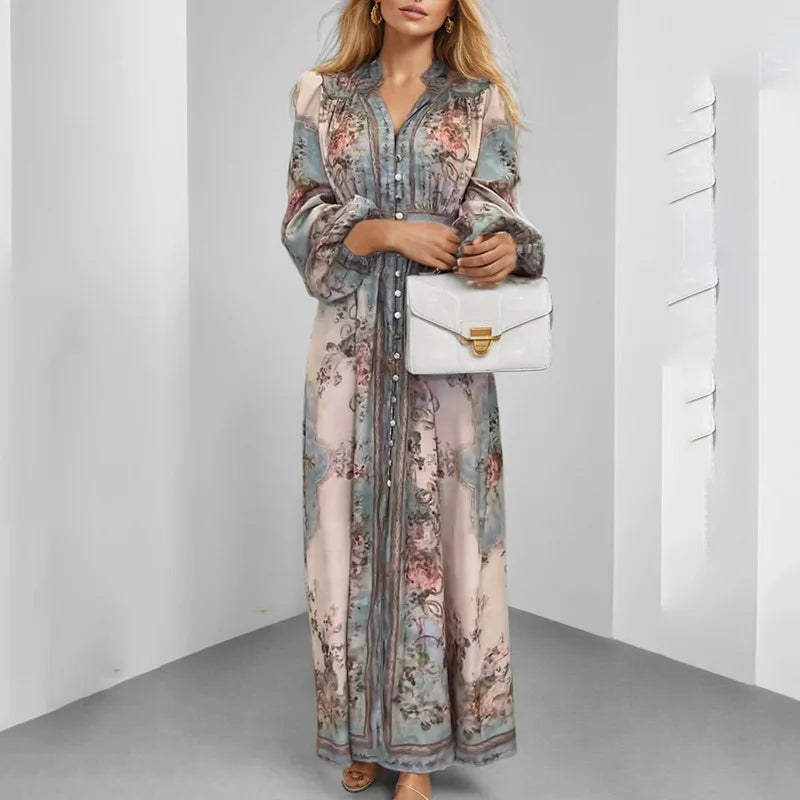 Retro Floral V-Neck Maxi Dress