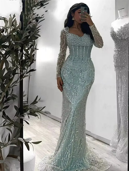 Long Sleeve Corset Heavy Beaded Dress