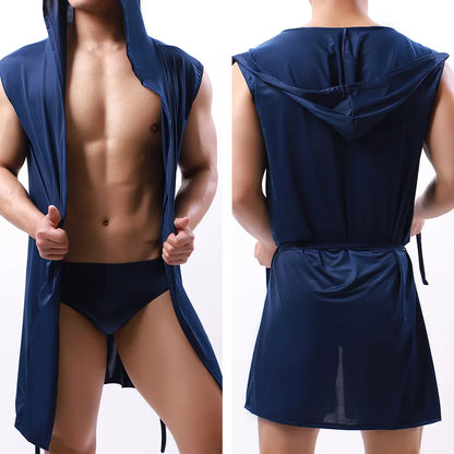 Sleeveless Silky Hooded Bathrobe