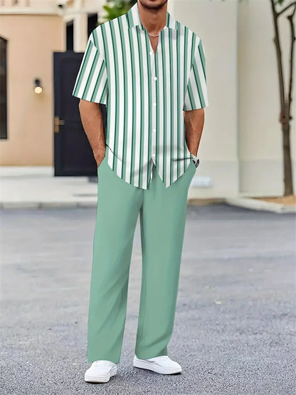 Striped 3D Print Lapel Shirt Set