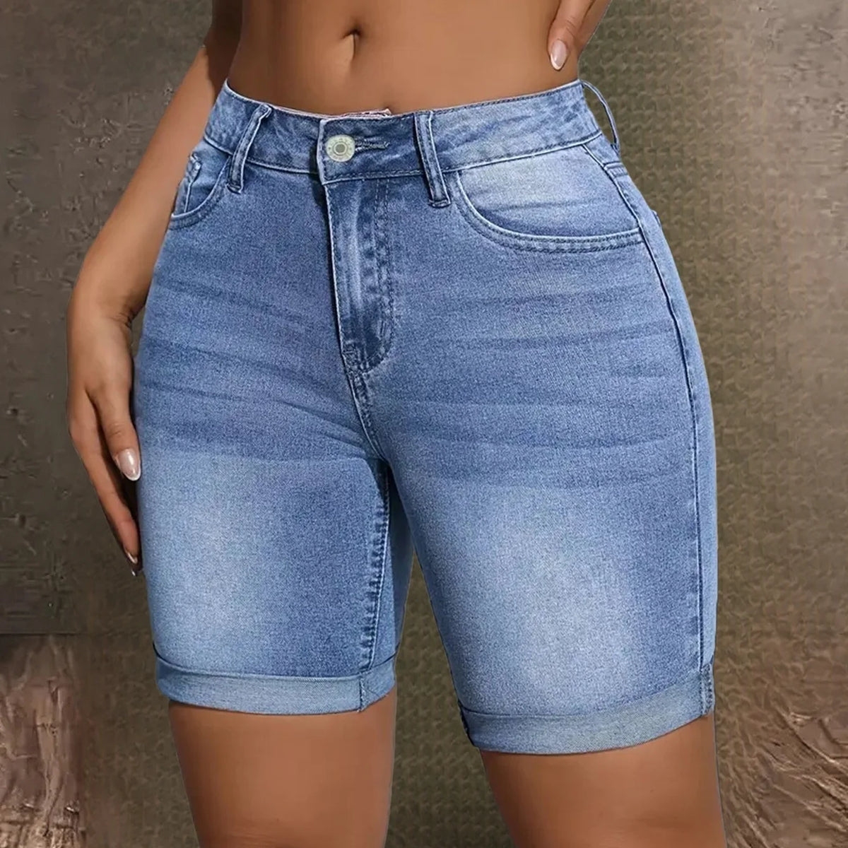 Rolled-Cuff Denim Bermuda Shorts