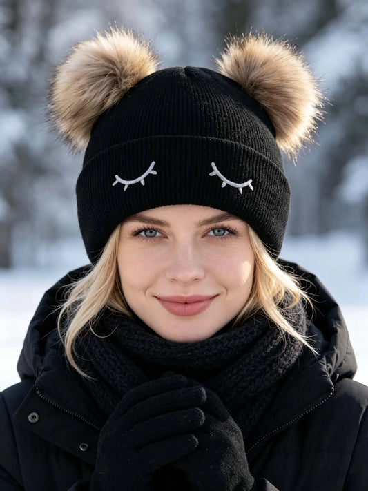 Double Pom Pom Knit Beanie