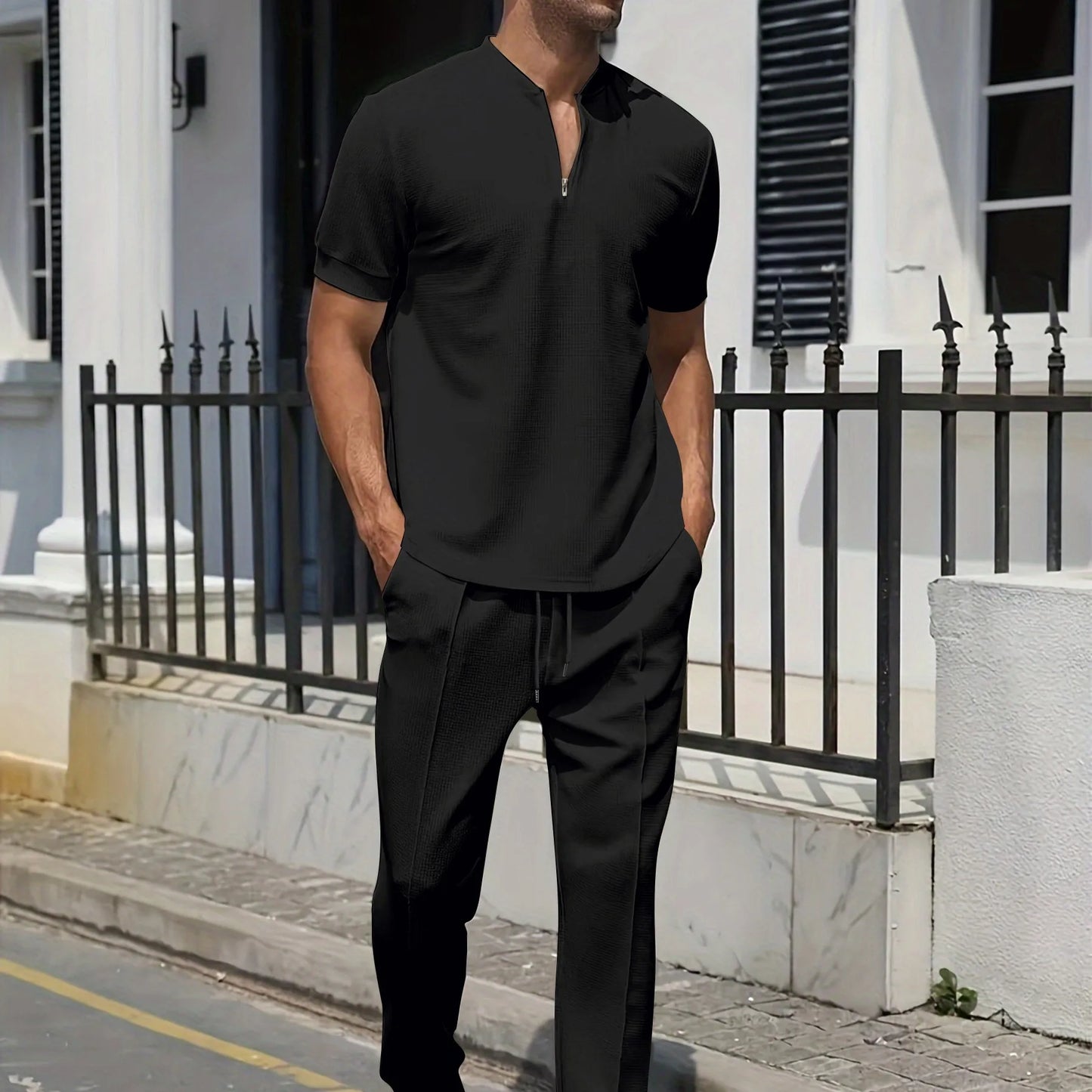 Waffle Polo Stand-Collar Trousers Set