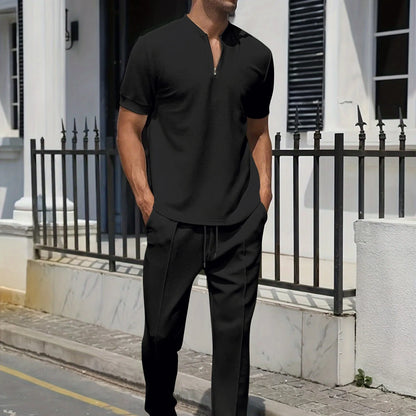 Waffle Polo Stand-Collar Trousers Set