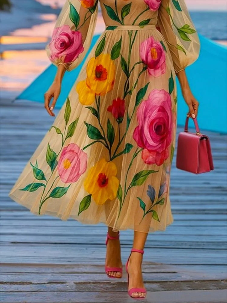 Floral Chiffon Puff Sleeve Dress