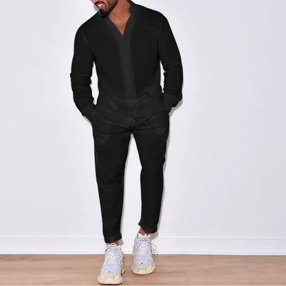 Linen Stand-Collar Loose Long-Sleeve Set