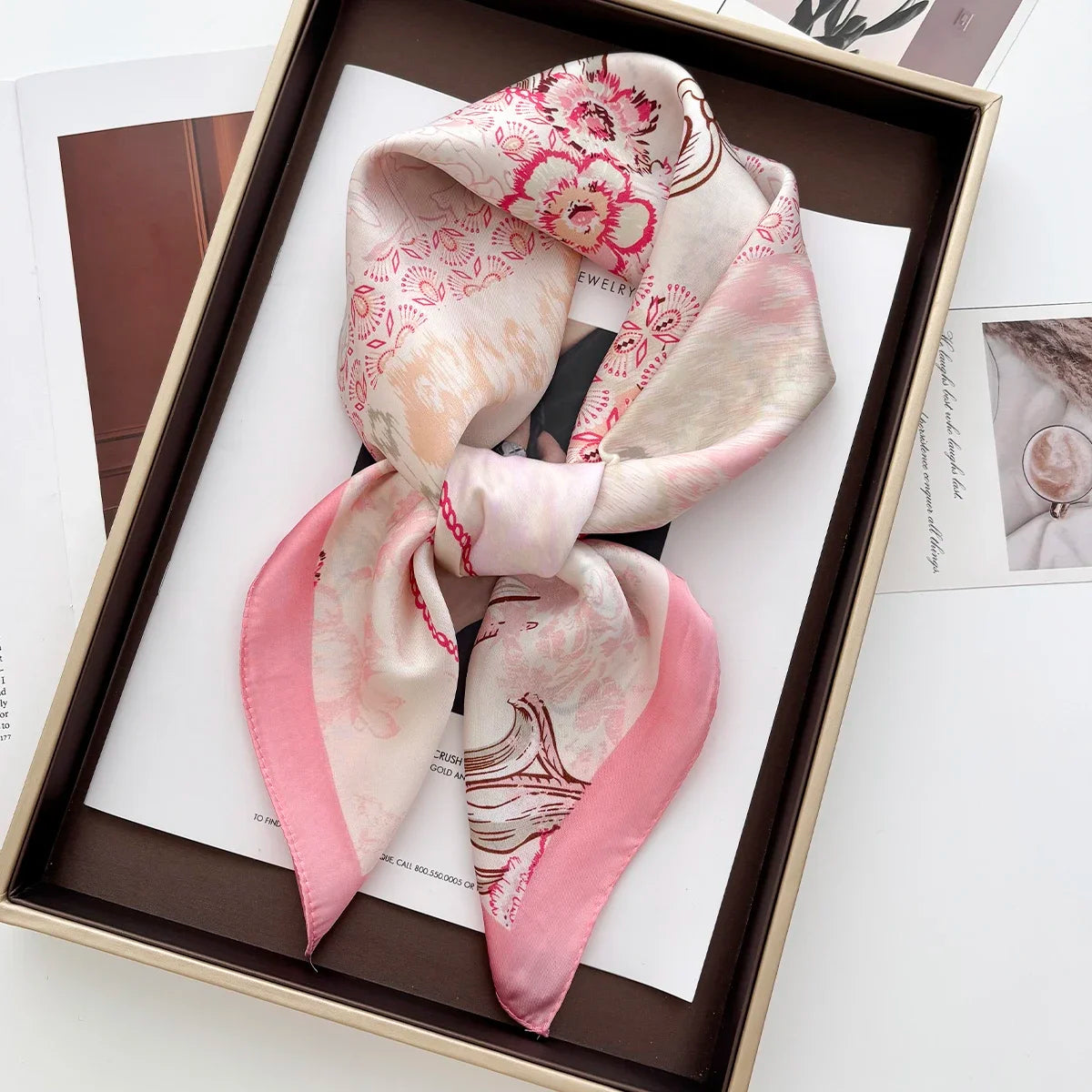 Satin Floral Print Square Scarf