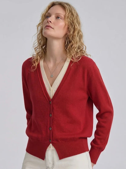 Red V-Neck Button Cardigan