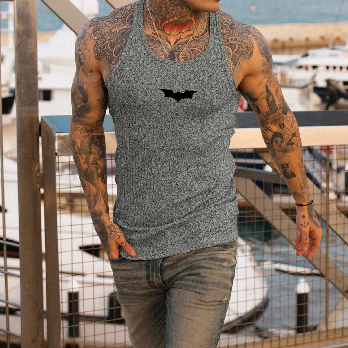 Bat-Sleeve Stripe Gym Tank Top