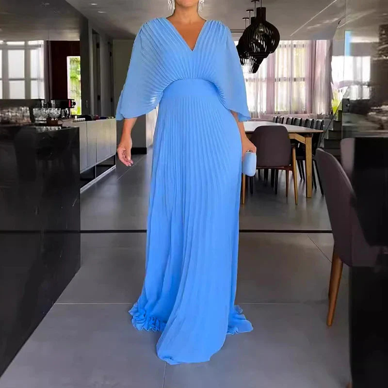 Elegant V-Neck Pleated Maxi Dress