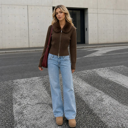 Faux Fur Collar Zip Cardigan