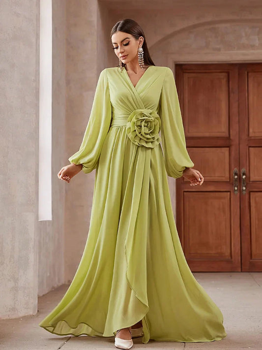 Elegant Floral Lantern Sleeve Dress