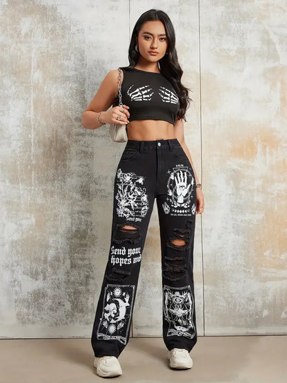 Print Ripped Straight Jeans