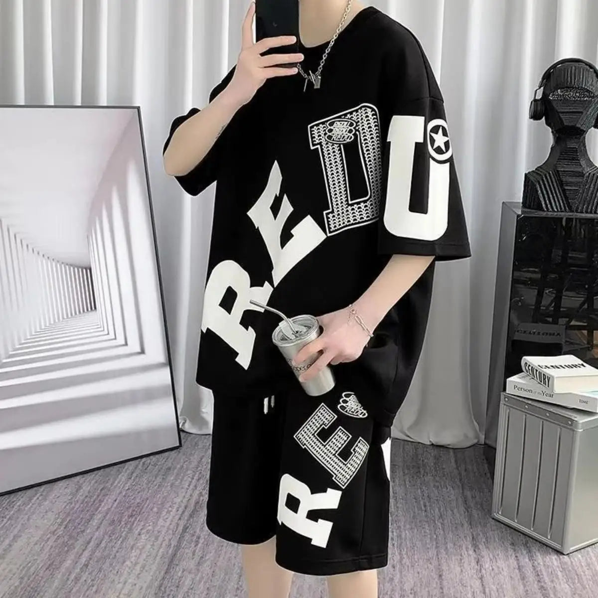 Letter Print Street Style Shorts Set