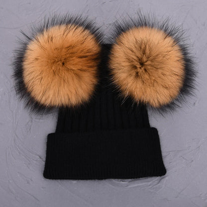 Double Fur Pompom Beanie