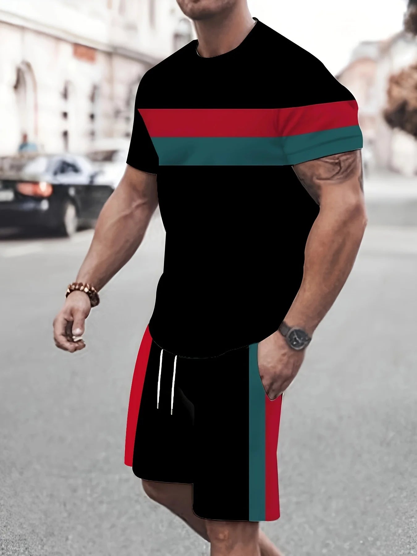 3D Print Round Neck Shorts Set