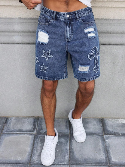 Embroidered Ripped Denim Shorts