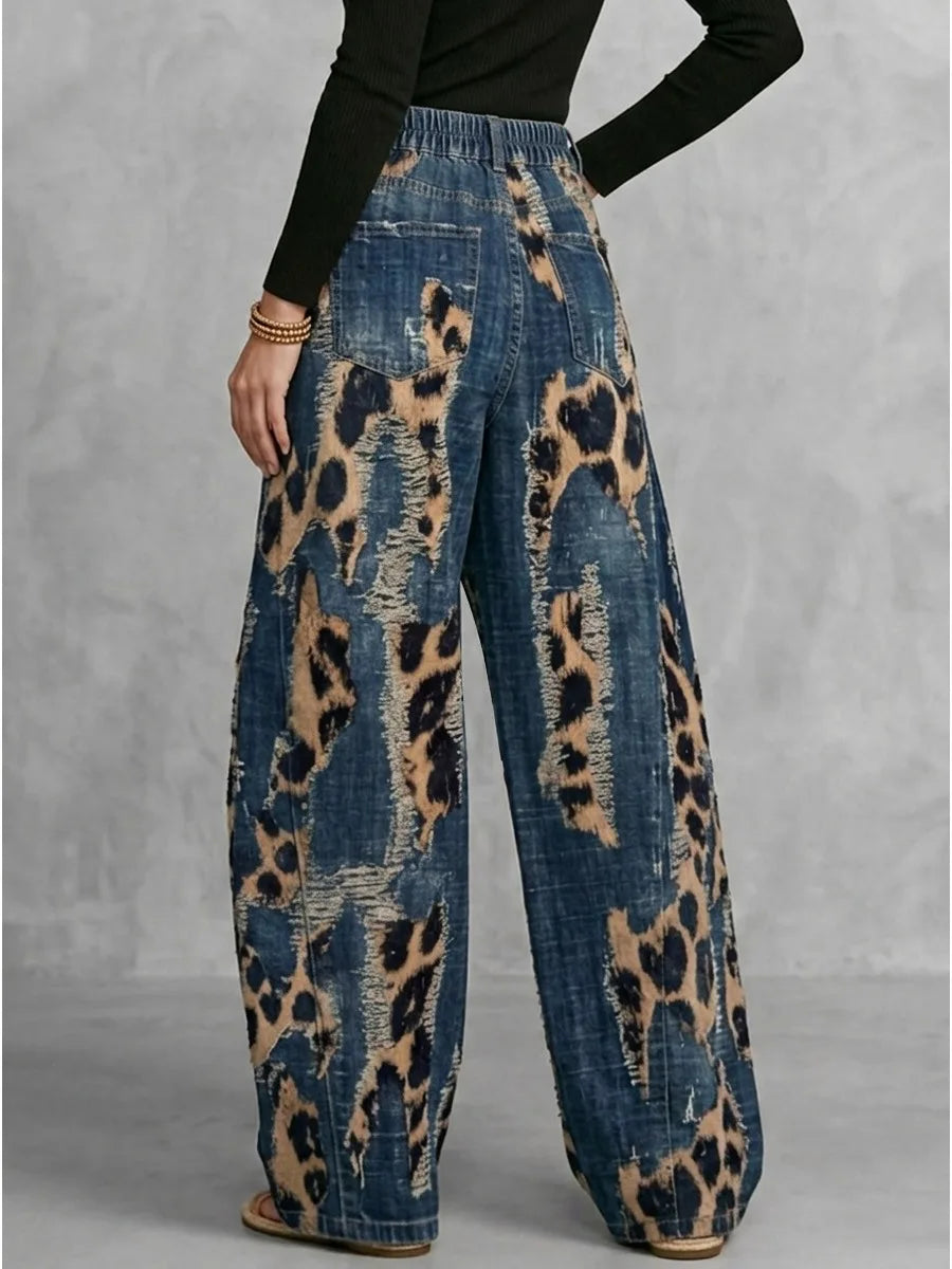 Leopard Distressed Wide-Leg Jeans