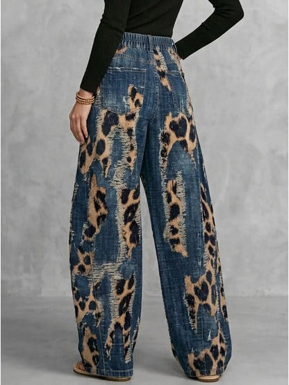 Leopard Distressed Wide-Leg Jeans