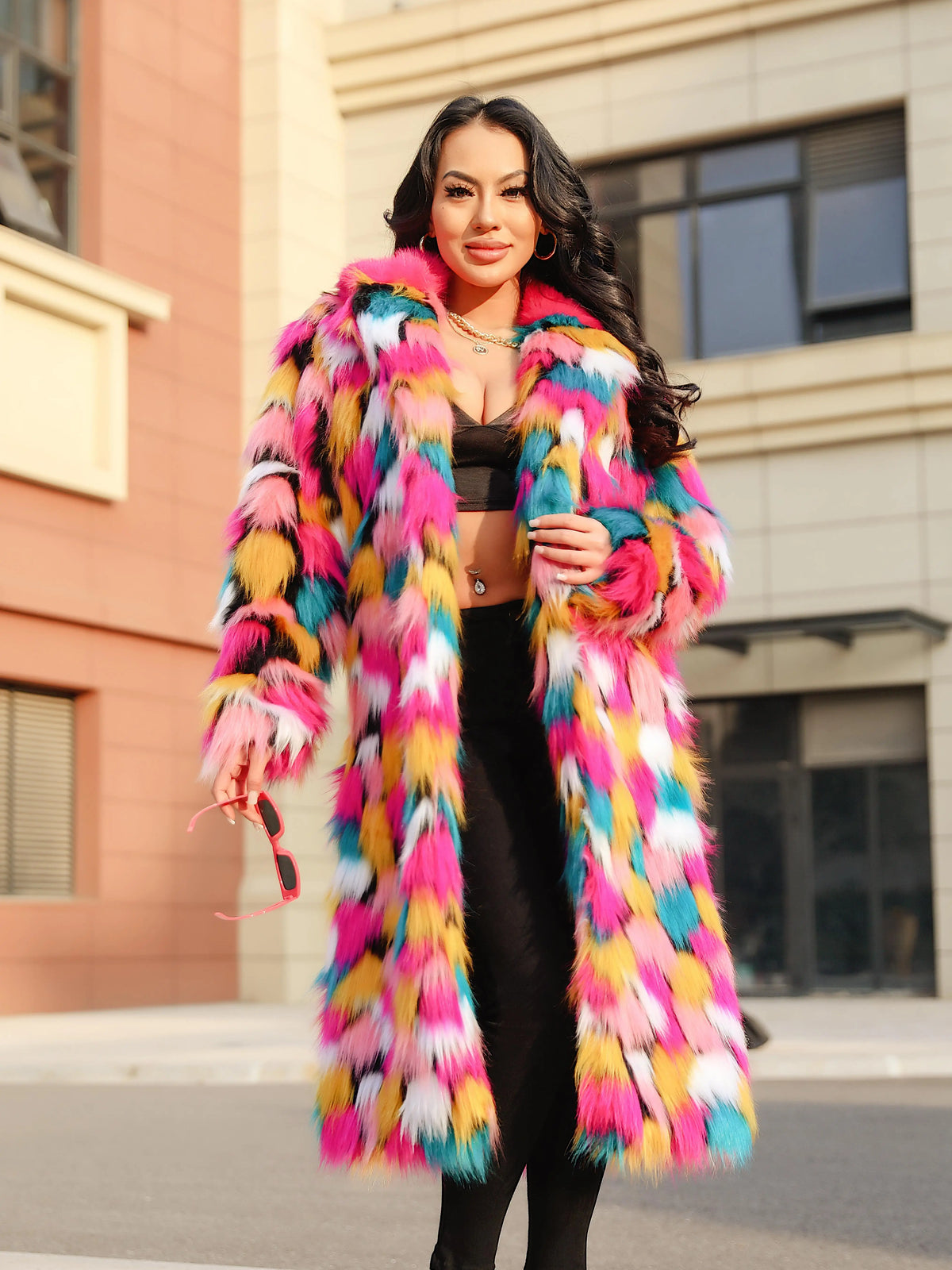 Rainbow Long Faux Fur Coat